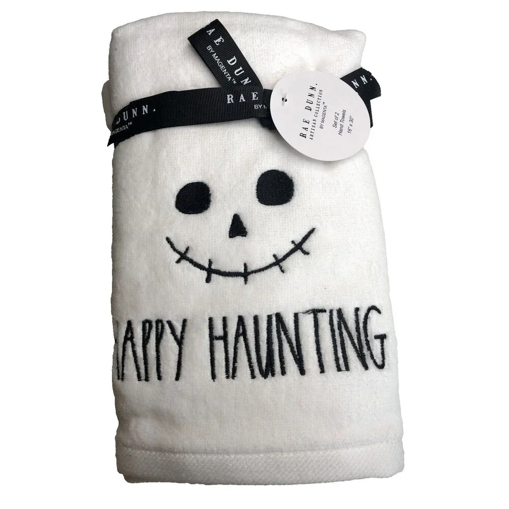 Rae Dunn Halloween Set of 2 Hand Towels Happy Haunting Skull Embroidered Spooky